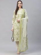 Jompers Women's Green Ethnic Motifs Printed Pure Cotton Kurta with Trousers & Dupatta | Grocsy
