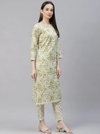 Jompers Women's Green Ethnic Motifs Printed Pure Cotton Kurta with Trousers & Dupatta | Grocsy