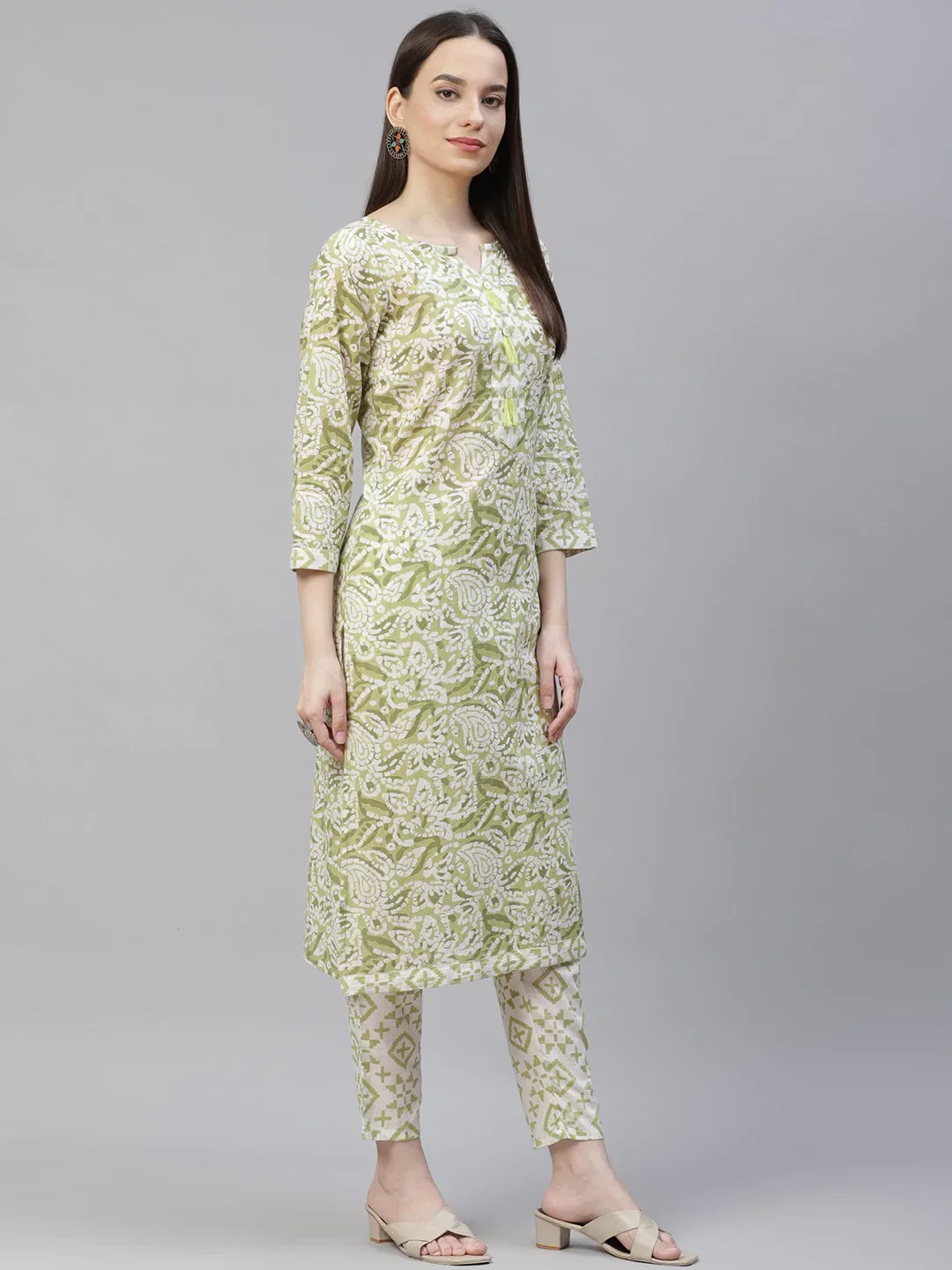 Jompers Women's Green Ethnic Motifs Printed Pure Cotton Kurta with Trousers & Dupatta | Grocsy