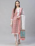 Jompers Women's Pink & White Ethnic Motifs Printed Pure Cotton Kurta with Trousers & Dupatta | Grocsy