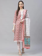 Jompers Women's Pink & White Ethnic Motifs Printed Pure Cotton Kurta with Trousers & Dupatta | Grocsy