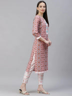 Jompers Women's Pink & White Ethnic Motifs Printed Pure Cotton Kurta with Trousers & Dupatta | Grocsy