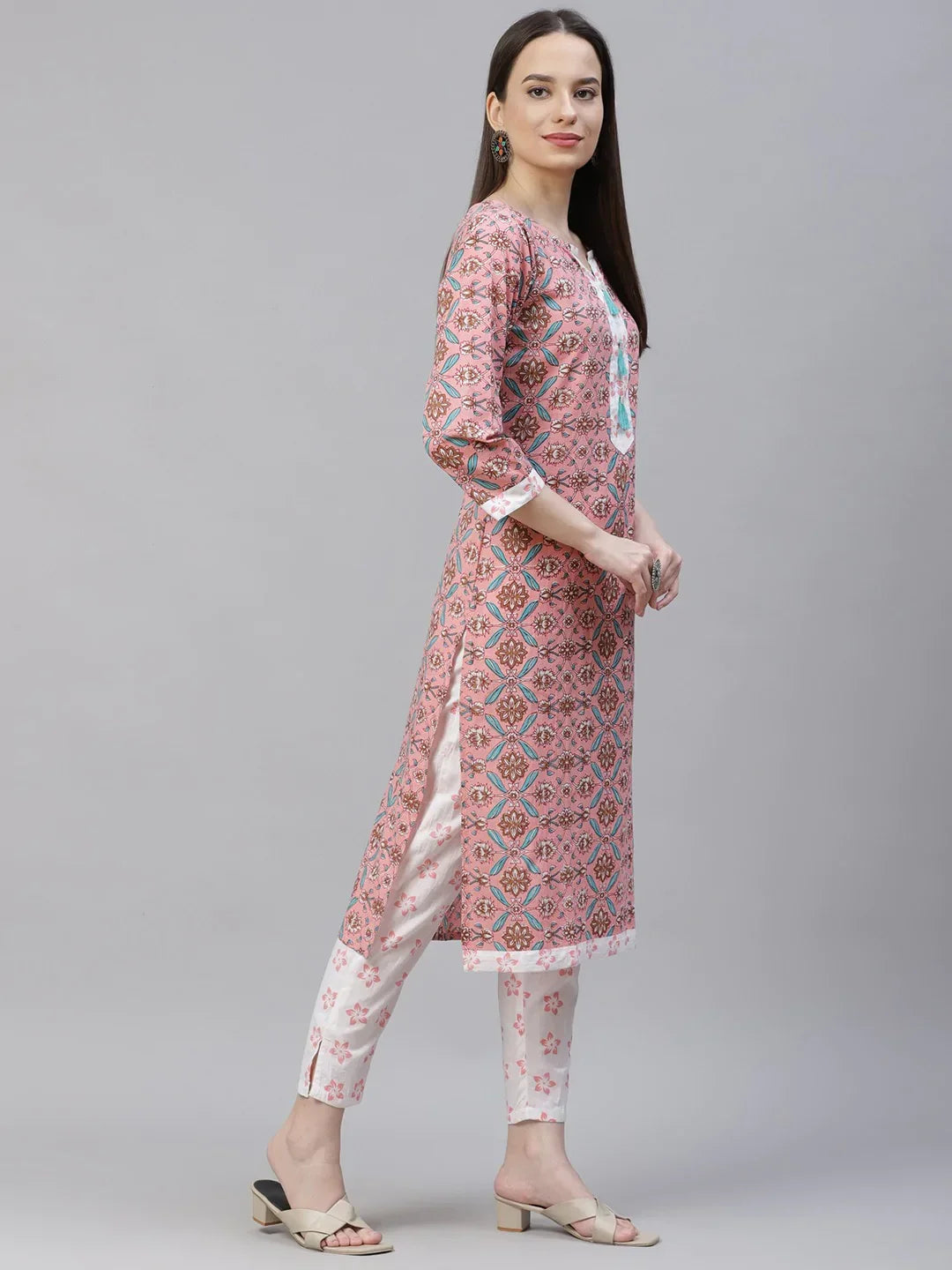 Jompers Women's Pink & White Ethnic Motifs Printed Pure Cotton Kurta with Trousers & Dupatta | Grocsy