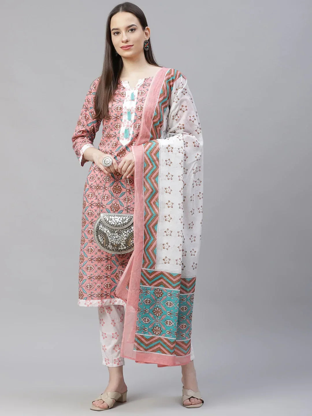 Jompers Women's Pink & White Ethnic Motifs Printed Pure Cotton Kurta with Trousers & Dupatta | Grocsy