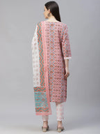 Jompers Women's Pink & White Ethnic Motifs Printed Pure Cotton Kurta with Trousers & Dupatta | Grocsy