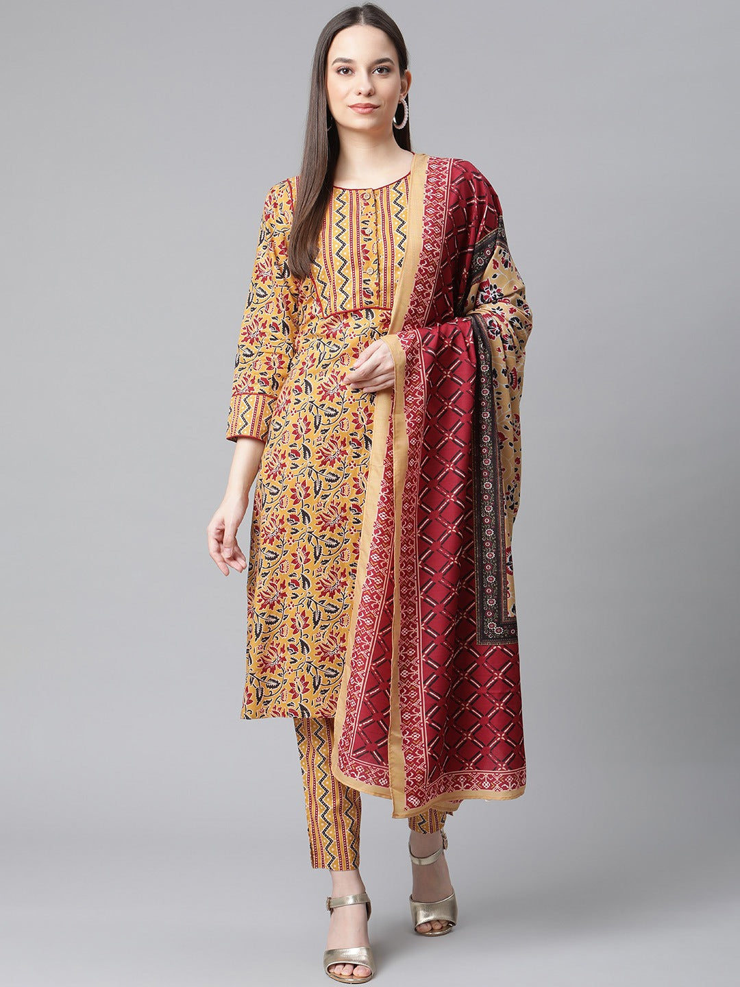 Jompers Women Mustard Yellow & Maroon Floral Pure Cotton Kurta with Trousers & Dupatta | Grocsy
