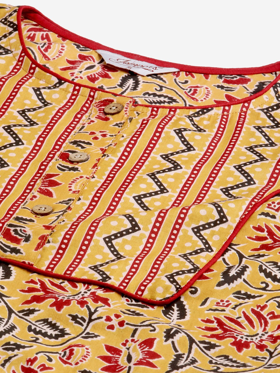 Jompers Women Mustard Yellow & Maroon Floral Pure Cotton Kurta with Trousers & Dupatta | Grocsy
