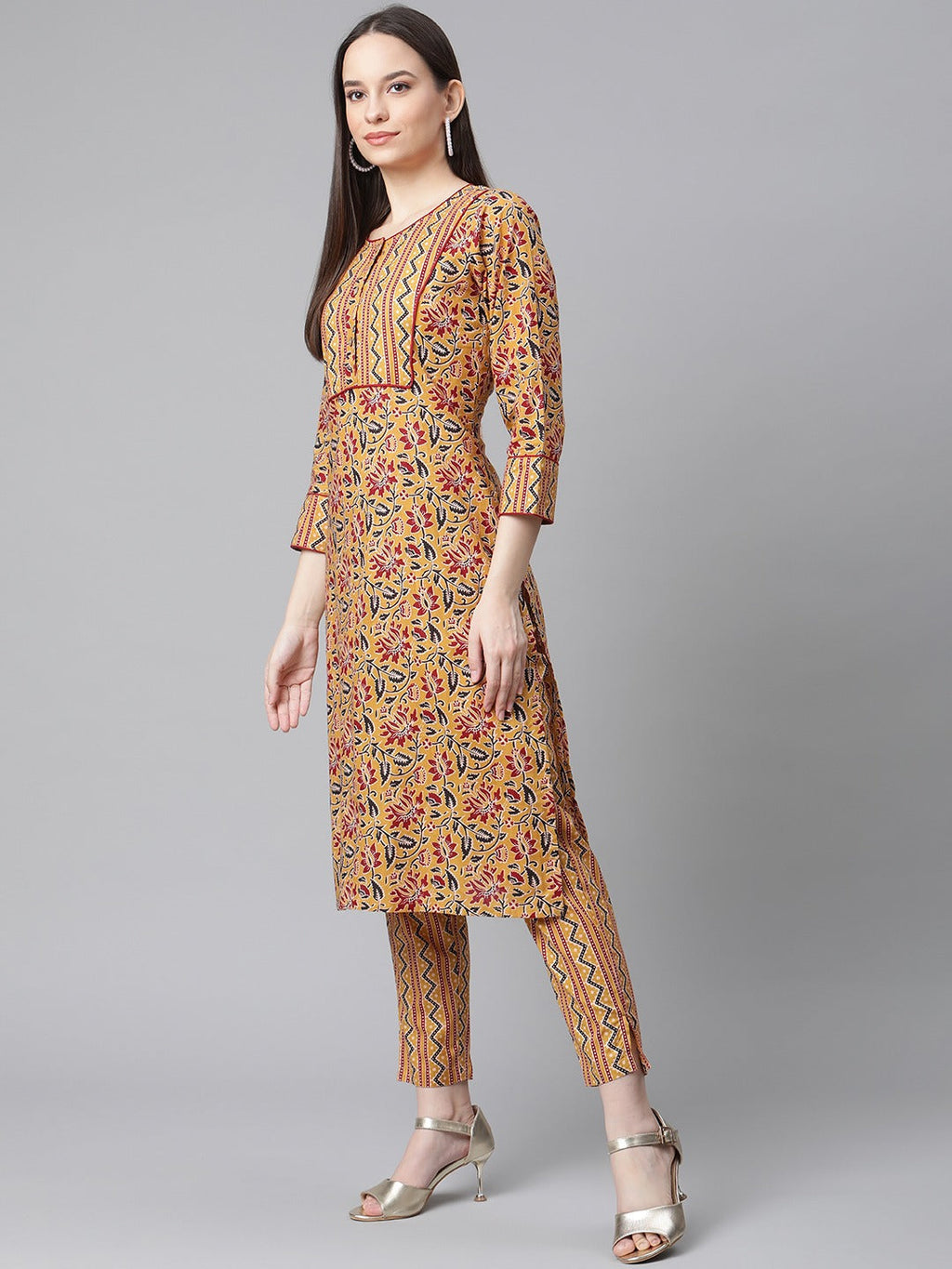 Jompers Women Mustard Yellow & Maroon Floral Pure Cotton Kurta with Trousers & Dupatta | Grocsy