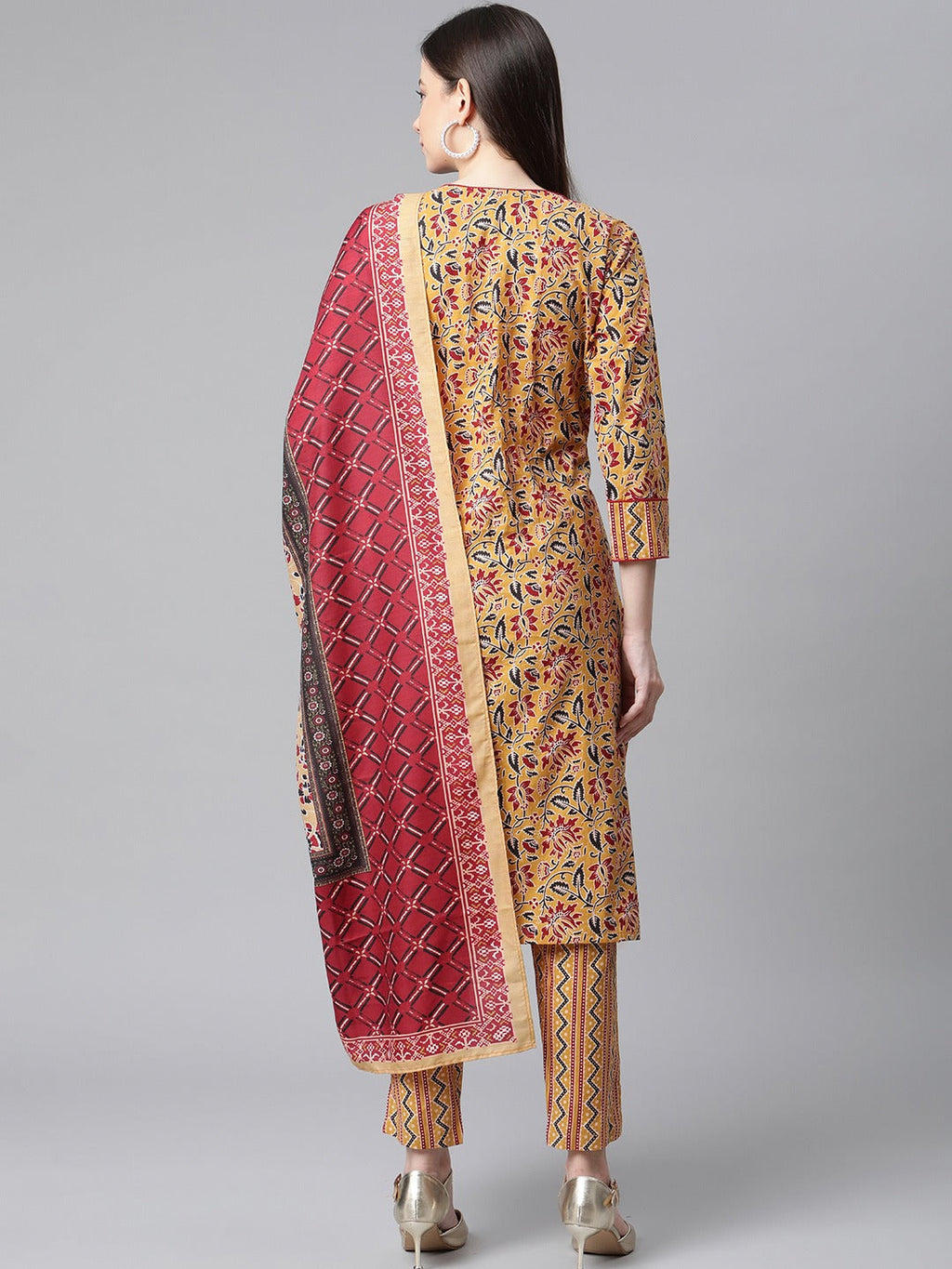 Jompers Women Mustard Yellow & Maroon Floral Pure Cotton Kurta with Trousers & Dupatta | Grocsy