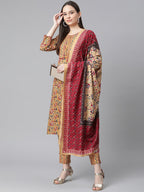 Jompers Women Mustard Yellow & Maroon Floral Pure Cotton Kurta with Trousers & Dupatta | Grocsy