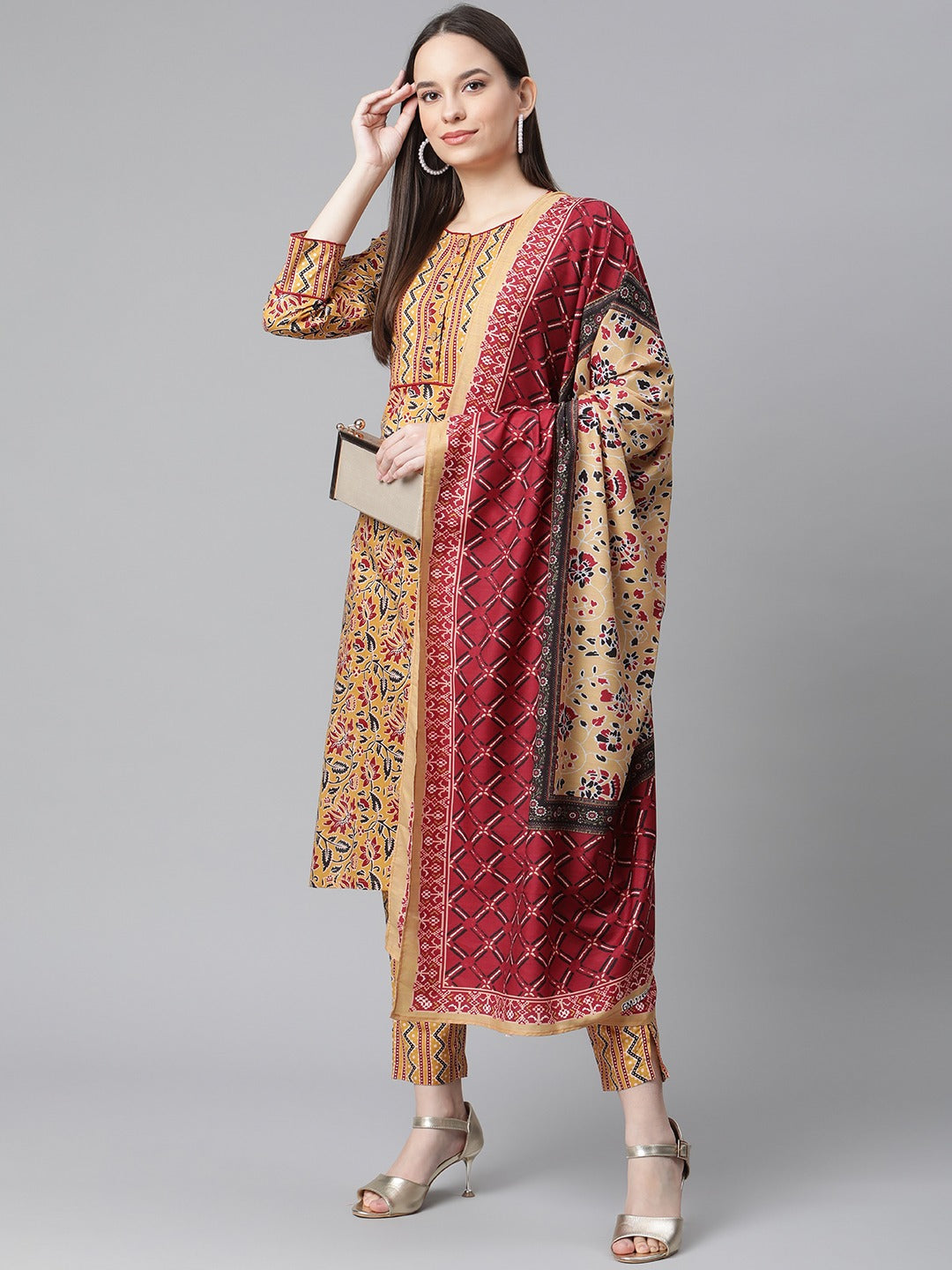 Jompers Women Mustard Yellow & Maroon Floral Pure Cotton Kurta with Trousers & Dupatta | Grocsy