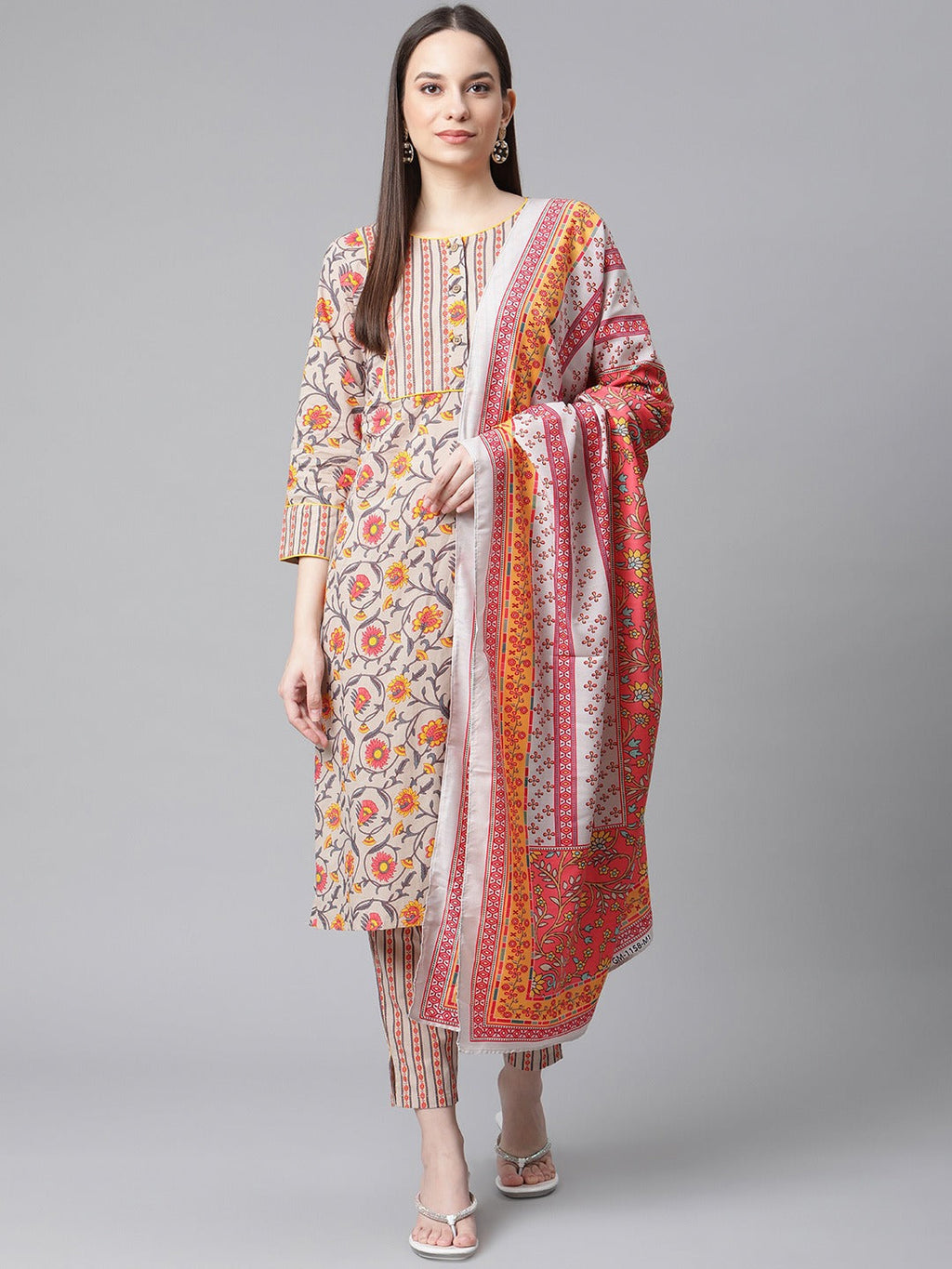 Jompers Women Grey & Peach Floral Pure Cotton Kurta with Trousers & Dupatta | Grocsy