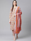 Jompers Women Grey & Peach Floral Pure Cotton Kurta with Trousers & Dupatta | Grocsy