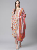 Jompers Women Grey & Peach Floral Pure Cotton Kurta with Trousers & Dupatta | Grocsy