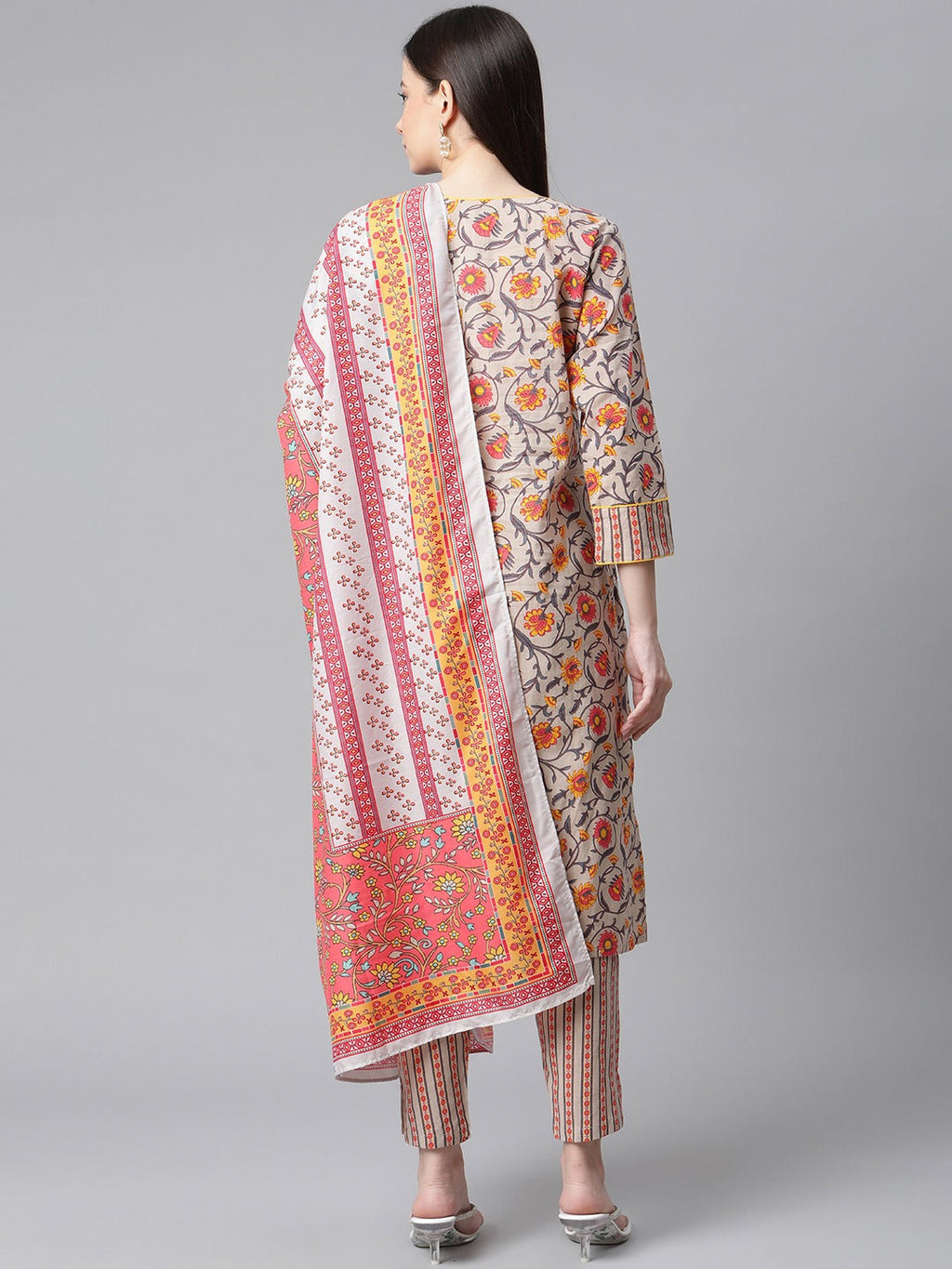 Jompers Women Grey & Peach Floral Pure Cotton Kurta with Trousers & Dupatta | Grocsy