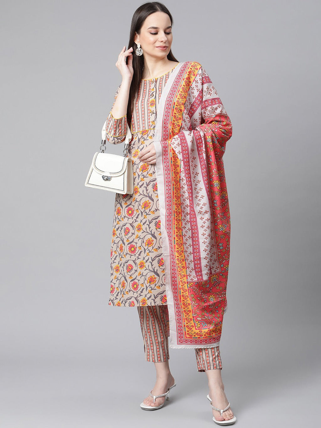 Jompers Women Grey & Peach Floral Pure Cotton Kurta with Trousers & Dupatta | Grocsy