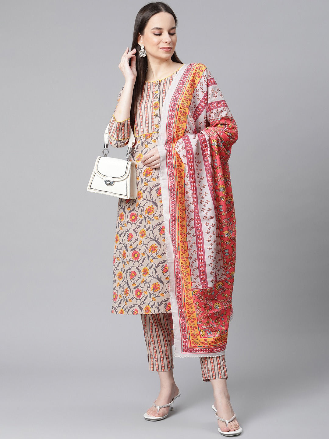 Jompers Women Grey & Peach Floral Pure Cotton Kurta with Trousers & Dupatta | Grocsy