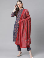 Jompers Women's Blue & Maroon Printed Regular Pure Cotton Kurta with Trousers & With Dupatta | Grocsy