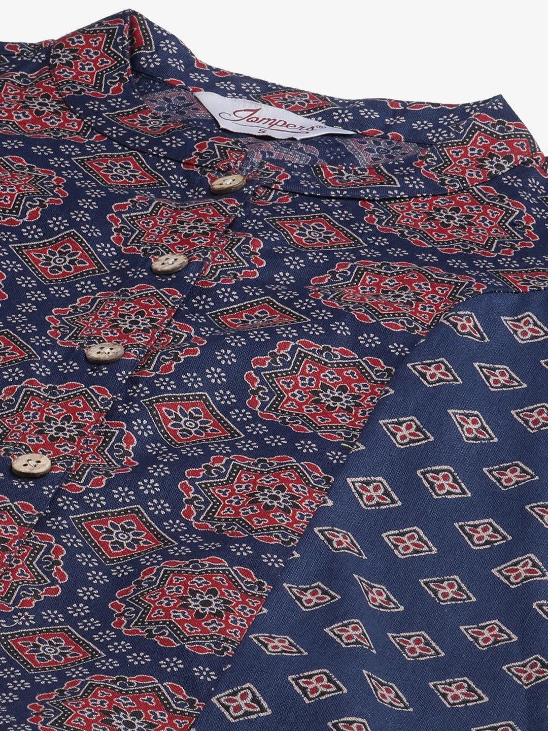 Jompers Women's Blue & Maroon Printed Regular Pure Cotton Kurta with Trousers & With Dupatta | Grocsy