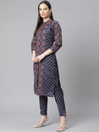 Jompers Women's Blue & Maroon Printed Regular Pure Cotton Kurta with Trousers & With Dupatta | Grocsy