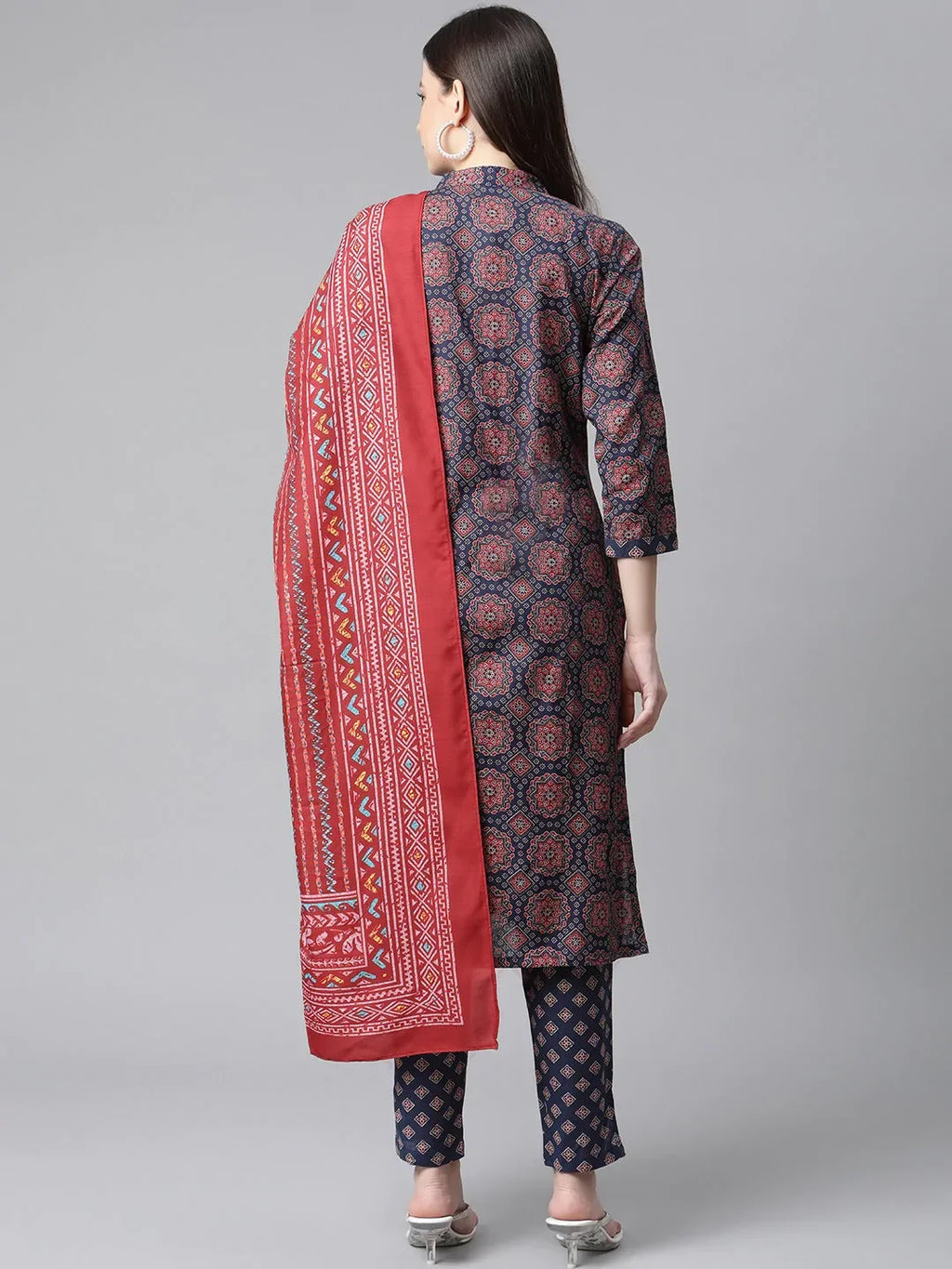 Jompers Women's Blue & Maroon Printed Regular Pure Cotton Kurta with Trousers & With Dupatta | Grocsy