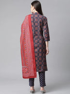 Jompers Women's Blue & Maroon Printed Regular Pure Cotton Kurta with Trousers & With Dupatta | Grocsy