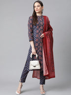 Jompers Women's Blue & Maroon Printed Regular Pure Cotton Kurta with Trousers & With Dupatta | Grocsy