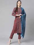 Jompers Women's Maroon & Blue Printed Regular Pure Cotton Kurta with Trousers & With Dupatta | Grocsy