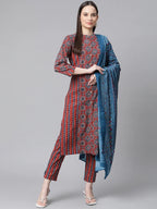 Jompers Women's Maroon & Blue Printed Regular Pure Cotton Kurta with Trousers & With Dupatta | Grocsy
