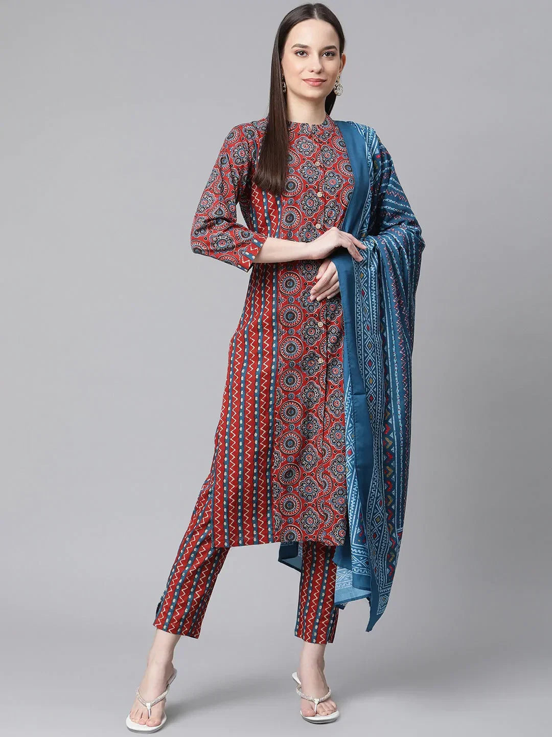 Jompers Women's Maroon & Blue Printed Regular Pure Cotton Kurta with Trousers & With Dupatta | Grocsy