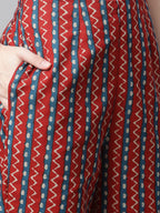 Jompers Women's Maroon & Blue Printed Regular Pure Cotton Kurta with Trousers & With Dupatta | Grocsy