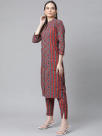 Jompers Women's Maroon & Blue Printed Regular Pure Cotton Kurta with Trousers & With Dupatta | Grocsy