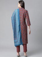 Jompers Women's Maroon & Blue Printed Regular Pure Cotton Kurta with Trousers & With Dupatta | Grocsy