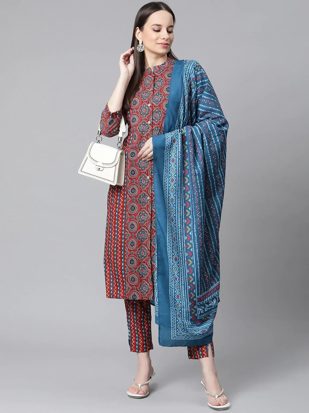 Jompers Women's Maroon & Blue Printed Regular Pure Cotton Kurta with Trousers & With Dupatta | Grocsy
