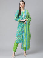 Jompers Women's Blue & Green Ethnic Motifs Printed Pure Cotton Kurta With Trousers & Dupatta | Grocsy