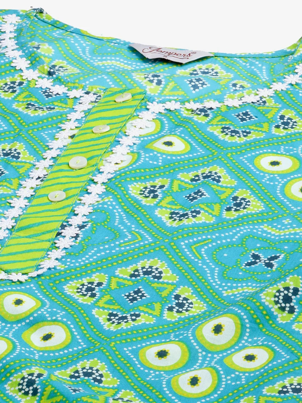 Jompers Women's Blue & Green Ethnic Motifs Printed Pure Cotton Kurta With Trousers & Dupatta | Grocsy