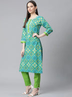Jompers Women's Blue & Green Ethnic Motifs Printed Pure Cotton Kurta With Trousers & Dupatta | Grocsy