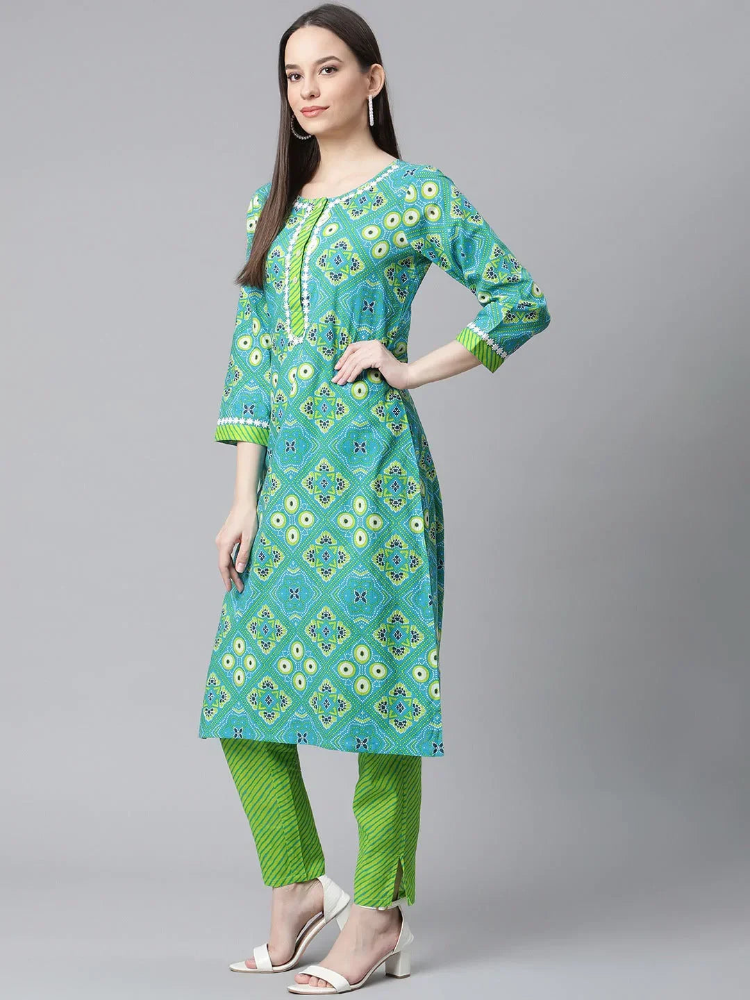 Jompers Women's Blue & Green Ethnic Motifs Printed Pure Cotton Kurta With Trousers & Dupatta | Grocsy