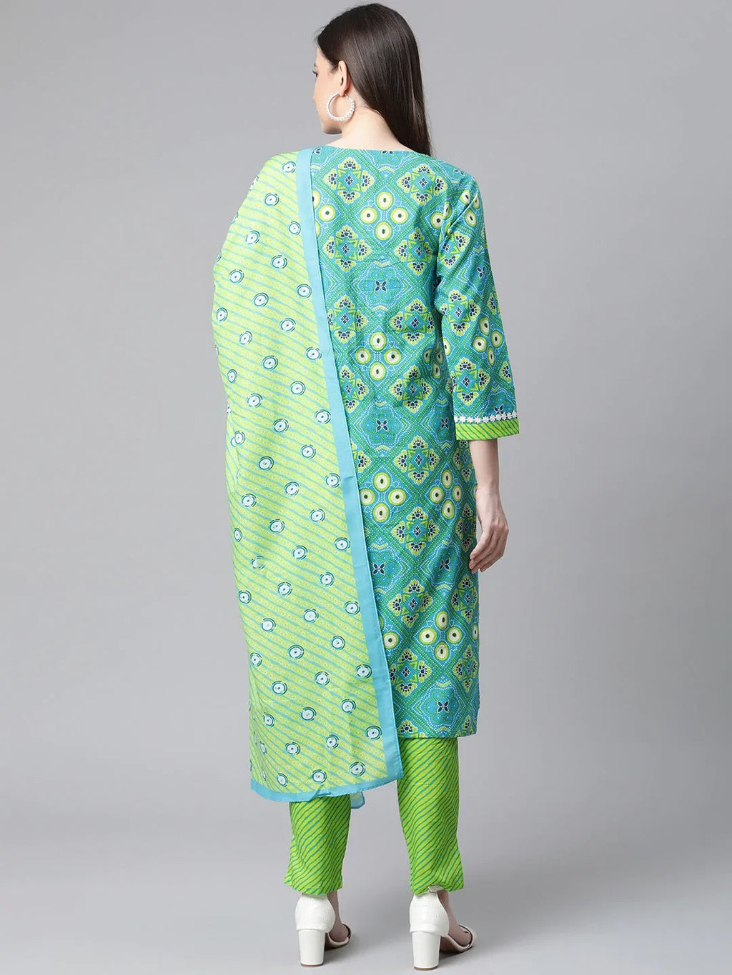 Jompers Women's Blue & Green Ethnic Motifs Printed Pure Cotton Kurta With Trousers & Dupatta | Grocsy