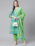 Jompers Women's Blue & Green Ethnic Motifs Printed Pure Cotton Kurta With Trousers & Dupatta | Grocsy