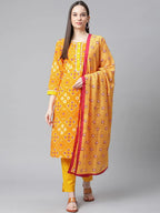 Jompers Women's Yellow & Pink Ethnic Motifs Printed Pure Cotton Kurta With Trousers & Dupatta | Grocsy