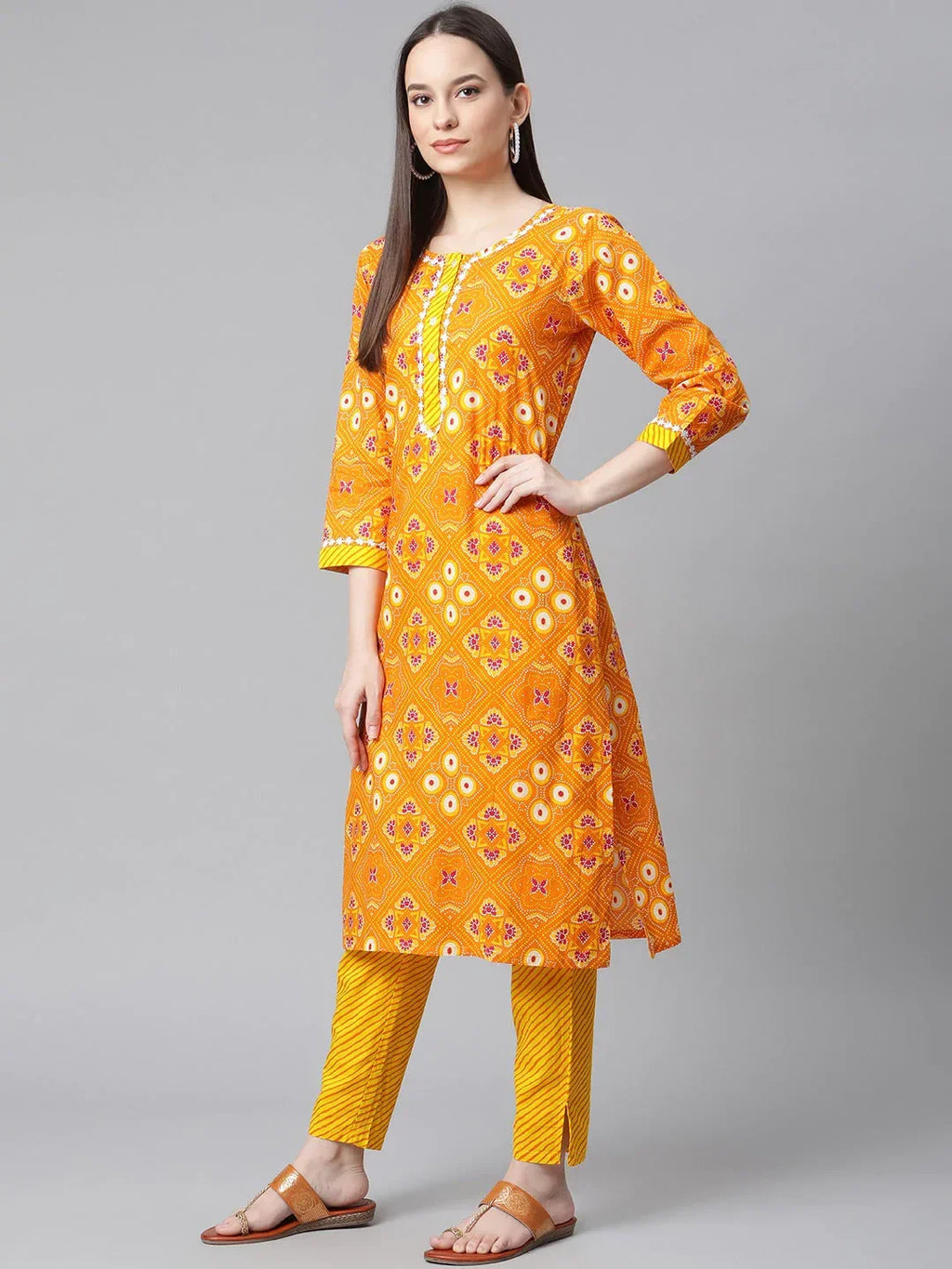 Jompers Women's Yellow & Pink Ethnic Motifs Printed Pure Cotton Kurta With Trousers & Dupatta | Grocsy