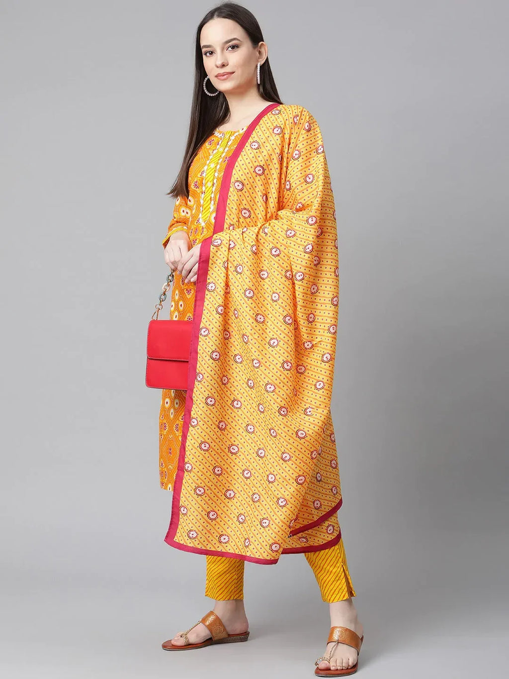 Jompers Women's Yellow & Pink Ethnic Motifs Printed Pure Cotton Kurta With Trousers & Dupatta | Grocsy