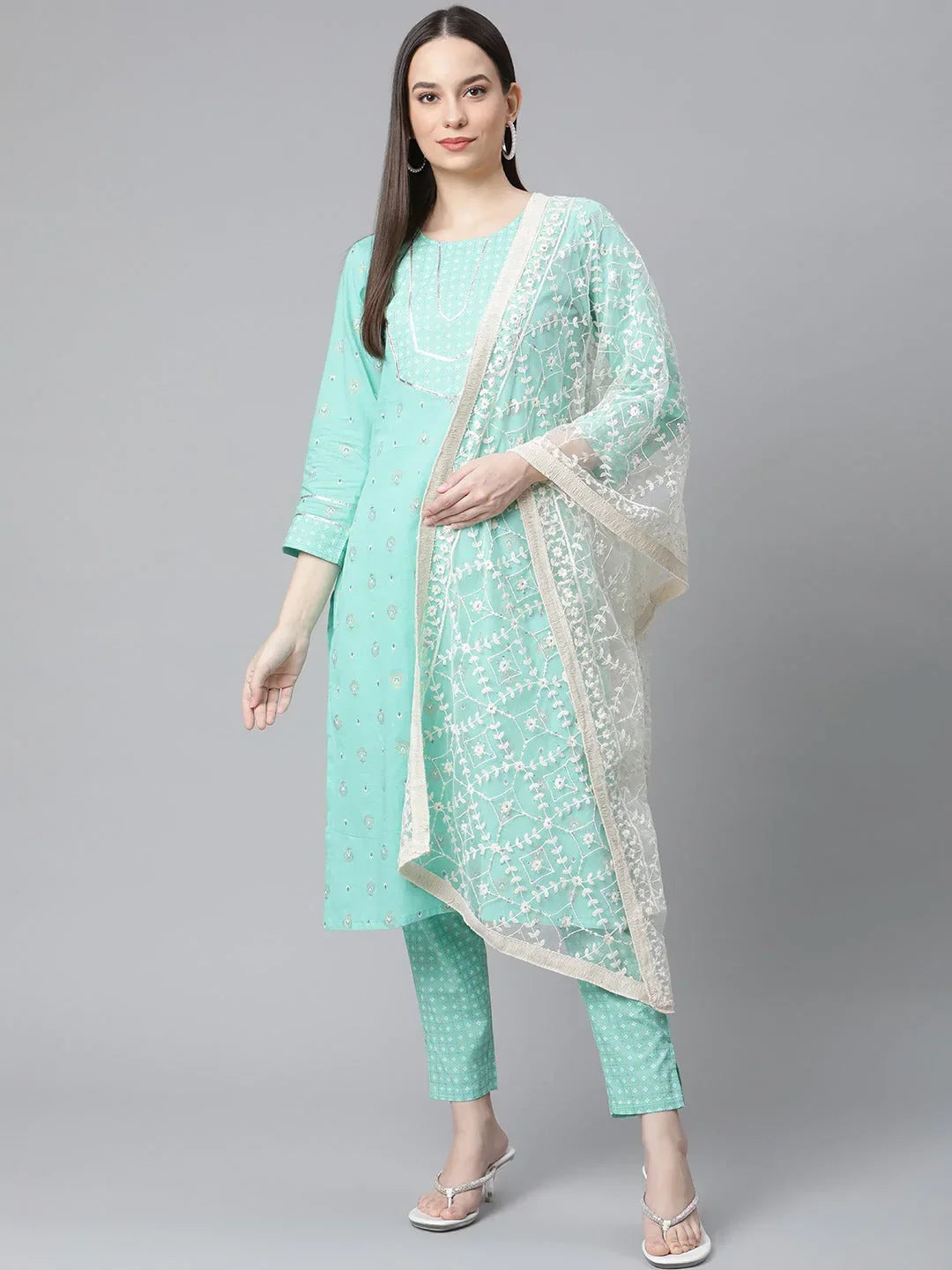Jompers Women's Green Floral Printed Regular Pure Cotton Kurta with Trousers & With Dupatta | Grocsy