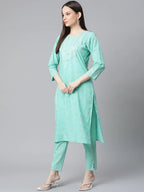 Jompers Women's Green Floral Printed Regular Pure Cotton Kurta with Trousers & With Dupatta | Grocsy