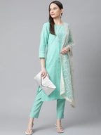 Jompers Women's Green Floral Printed Regular Pure Cotton Kurta with Trousers & With Dupatta | Grocsy