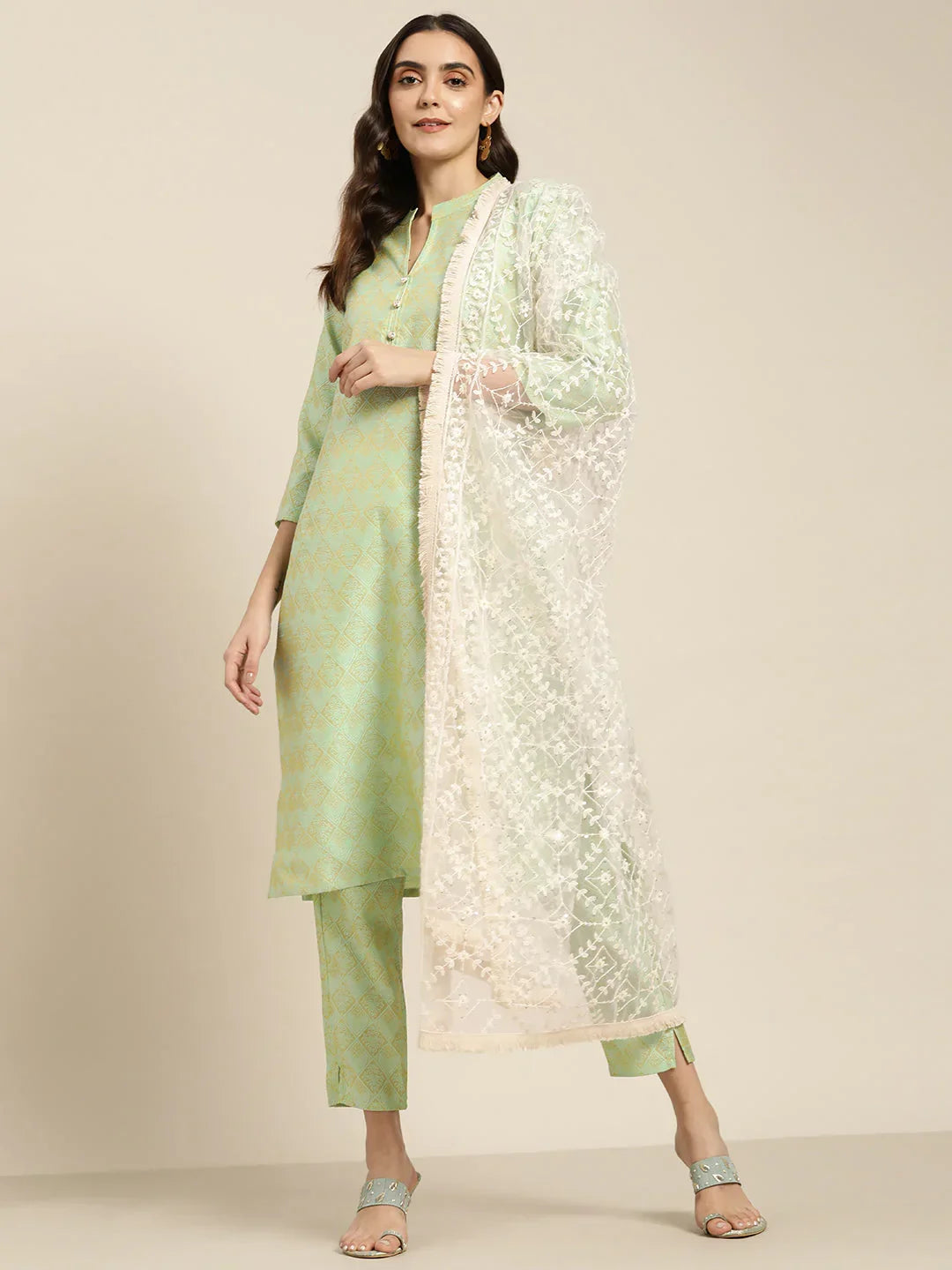 Jompers Women's Green Jacquard Woven Design Straight Kurta Trousers & Chikankari Dupatta | Grocsy