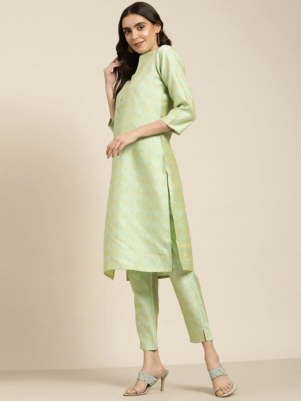 Jompers Women's Green Jacquard Woven Design Straight Kurta Trousers & Chikankari Dupatta | Grocsy