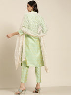 Jompers Women's Green Jacquard Woven Design Straight Kurta Trousers & Chikankari Dupatta | Grocsy