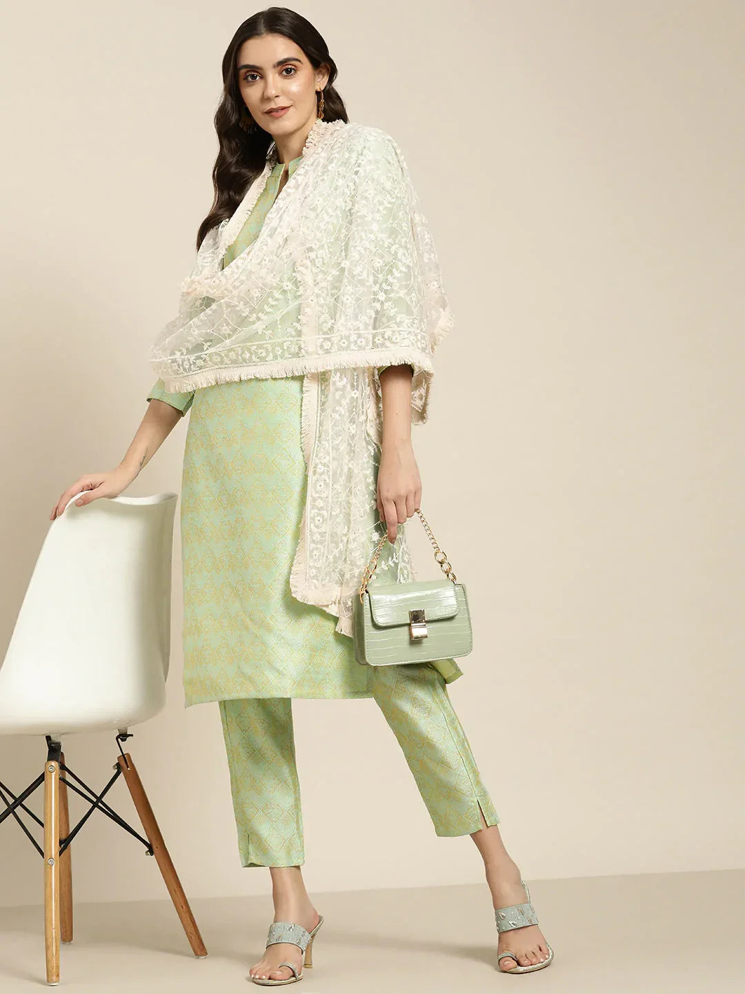 Jompers Women's Green Jacquard Woven Design Straight Kurta Trousers & Chikankari Dupatta | Grocsy